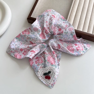 Pink floral scrunchie with bow ribbon, lace heart patch and 3D cherry decor