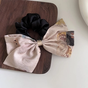 Women's Neo-Chinese Style Large Bow Scrunchie Vintage Elegant Floral Butterfly Print Satin Hair Tie Accessory