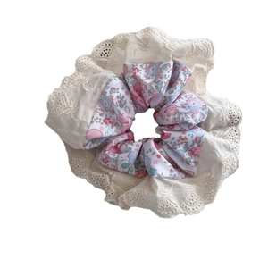 Pink floral scrunchie with cream lace trim for women cute hair accessories