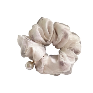 Elegant floral organza scrunchie with a white pearl pendant for elegant hair styling