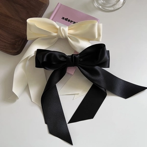 Elegant satin bow hair clips set with long ribbons in cream white and black colors