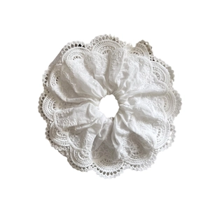 Large white lace scrunchie with intricate embroidery and elegant French vintage style