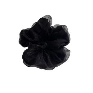 Elegant black double-layer mesh hair scrunchie with voluminous pleated tulle texture
