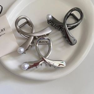 Silver cross metal hair claw clips with pearls in three elegant finishes for women