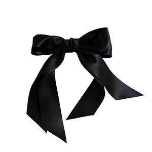 Elegant black satin bow hair clip with long ribbons for women minimalist hair accessory