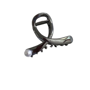 Elegant gunmetal silver pearl hair claw clip with a stylish crisscross metal ribbon design