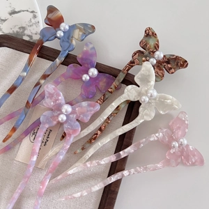 Elegant Butterfly Acetate Hair Stick With Faux Artificial Pearl Vintage U-Shaped Hair Fork Chinese Style Marble Pattern Hairpin For Women