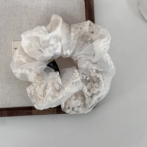 Elegant French lace embroidery tulle scrunchie with floral patterns and bow design
