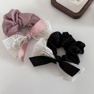 Chouchous Style Coréen Doux Dentelle Künstliche Perle Nœud Élégant Satin Grand Anneau de Cheveux Porte-Queue de Cheval Accessoire Femme Fille