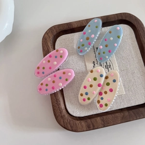 Set of 6 colorful polka dot oval hair clips in pink, sky blue and cream white resin