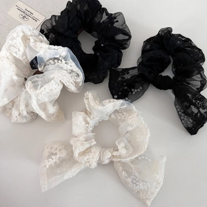 French Style Lace Embroidered Scrunchies With Faux Artificial Pearls Mesh Bow Hair Ties Vintage Elegant Hair Accessories For Women