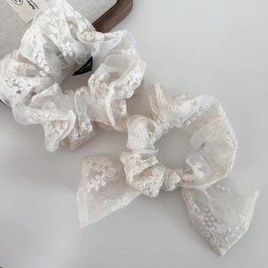 French lace embroidery scrunchie set with bow and pearl detail in creamy white