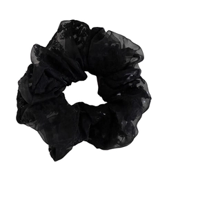 Elegant French style black lace and organza scrunchie hair tie for women with embroidery