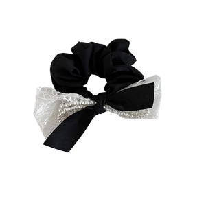Chouchou en soie noire de style coréen avec nœud en dentelle et perles fantaisie