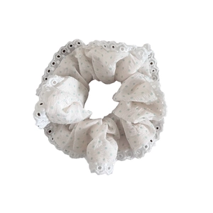 Lace polka dot scrunchie with light blue patterns and white embroidery trim for hair
