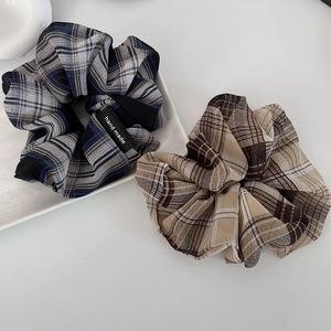 Vintage Plaid Chiffon Scrunchies For Women Korean Style Elegant Checkered Large Hair Ties Elastic Ponytail Holder Handmade
