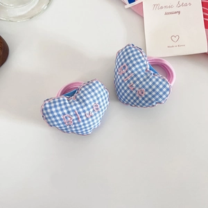 Blue plaid heart embroidery hair scrunchies with pink elastic hair ties for girls
