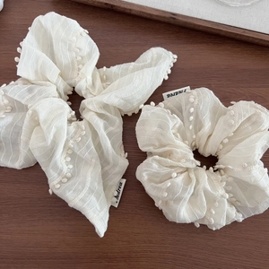 Elegant Beige Fabric Tassel Scrunchie Pleated Hair Tie For Women Korean Style Sweet French Hair Rope Accessories