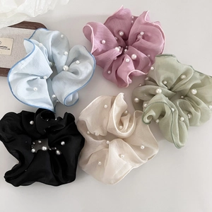 Elegante Chiffon Stoff Künstliche Perlen Scrunchies Plissierte Haargummis Süßer Französischer Stil Pferdeschwanz Halter Damen Haarschmuck