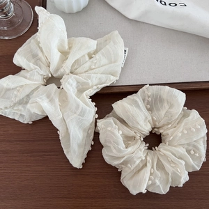 Elegant beige fringe fabric hair scrunchies with jacquard texture and pom-pom trim edge