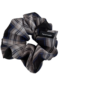 Plaid checkered chiffon scrunchie in blue and grey with handmade woven label