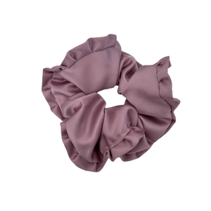 Elegant satin ruffled scrunchie in mauve purple for stylish hairstyles and updos