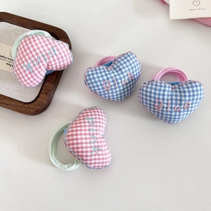 Pink and blue plaid heart embroidered hair scrunchies set for ponytail styling
