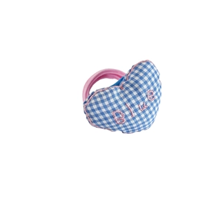 Blue plaid heart plush hair tie with pink embroidery and elastic scrunchie band
