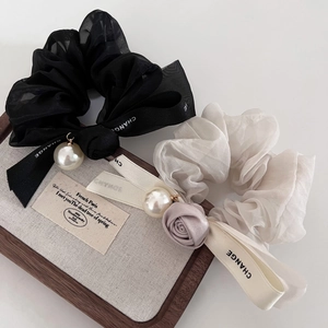 Elegant Organza Flower Scrunchies Ribbon Bow Hair Ties With Imitation Artificial Pearl Rose Beige Black Gauze Hair Accessories For Women
