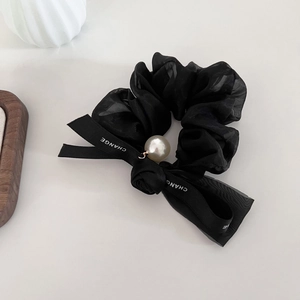 Elegant black organza scrunchie with CHANGE letter ribbon and large pearl pendant
