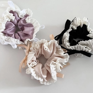 Sweet Ballet Style Lace Bow Satin Scrunchie For Women French Aesthetic High Elastic Fabric Hair Tie Ponytail Holder Accessory