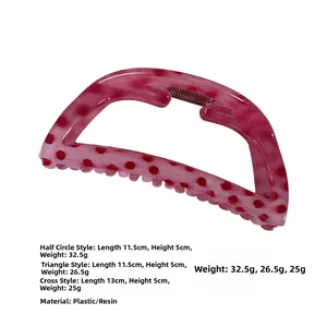 Pink strawberry polka dot hair claw dimensions for semicircular, triangle and cross styles