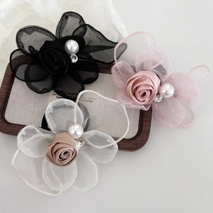 Elegant Mesh Rose Flower Hair Scrunchies For Women Sweet Satin Ribbon Faux Artificial Pearl Rhinestone Elastic Hair Tie Accessories