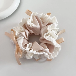 Elegant ballet style satin scrunchie with lace trim and bowknot for women hairstyles