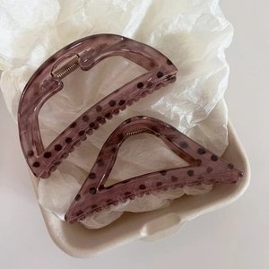 Pink strawberry dot hair claw clips in translucent purple-brown with metal spring