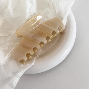 French vintage beige marble acetate hair claw clip on minimalist white ceramic plate