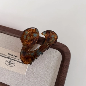 Detail showing tortoiseshell pattern hair claw clip with gold Barrette La France lettering