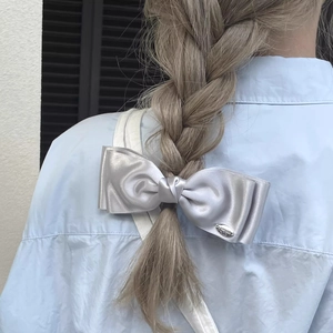 Satin Layered Bow Hair Clip Metal Label Sweet Handmade Spring Clip Ponytail Top Clip Hair Accessories For Women