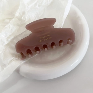 Detail shot of mauve acetate hair claw clip featuring golden Barrette la France text