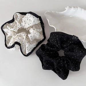 Chouchous à Pois de Style Français Élégants Grands Élastiques à Cheveux en Tissu Noir Blanc Porte-Queue de Cheval pour Femme