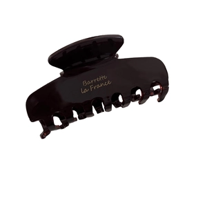 French vintage style dark brown medium acetate hair claw clip with golden logo text