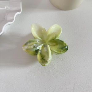 Gros plan d'une pince à cheveux fleur dégradé vert et jaune avec texture marbrée