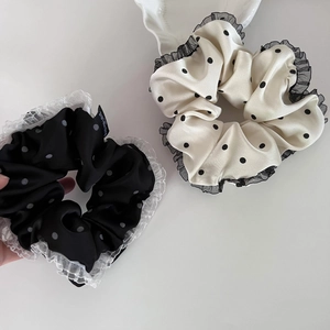 French Vintage Polka Dot Satin Scrunchie With Lace Edge Elegant Soft Fabric Hair Tie For Women Girls Daily Hair Accessories