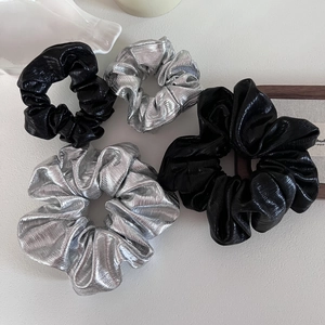 Metallic Faux Leather Pleated Scrunchies Shiny Elastic Hair Ties Silver Black Large Small Hair Accessories For Women