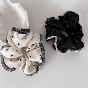 French style polka dot scrunchies with lace trim and elegant satin finish hair ties
