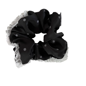 French style polka dot hair scrunchie with white lace trim and satin texture