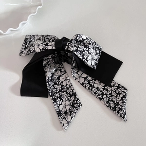 French Ribbon Bow Hair Claw Clip Elegant Fabric Hair Accessory For Women Floral Bamboo Polka Dot Shark Clip For Daily Styling