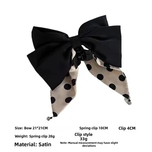 French style polka dot bow hair clip with satin fabric and detailed dimension specs