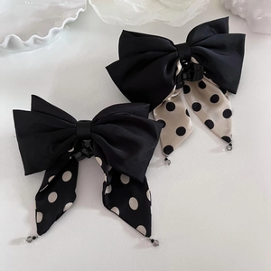 Elegant French Style Polka Dot Large Bow Hair Clip Satin Ribbon Draping Spring Claw Clip Hair Accessory For Women Vintage