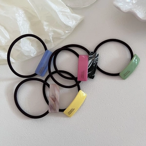 Set of six colorful square acetate resin hair ties with elastic bands for ponytails
